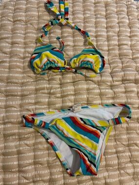split Striped Triangle Bikini Top & Bottom in Yellow, Blue, Red